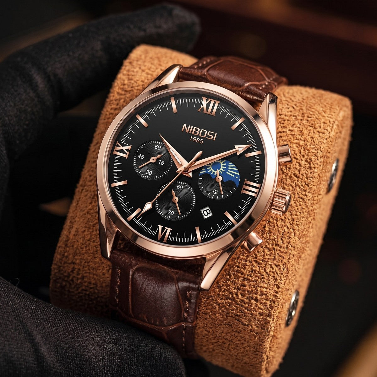 Rose Gold Against Brown Leather